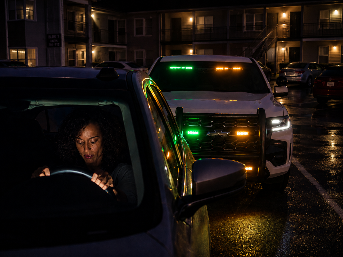 Nighttime scene illustrating awareness and communication during a vehicle contact at a residential property