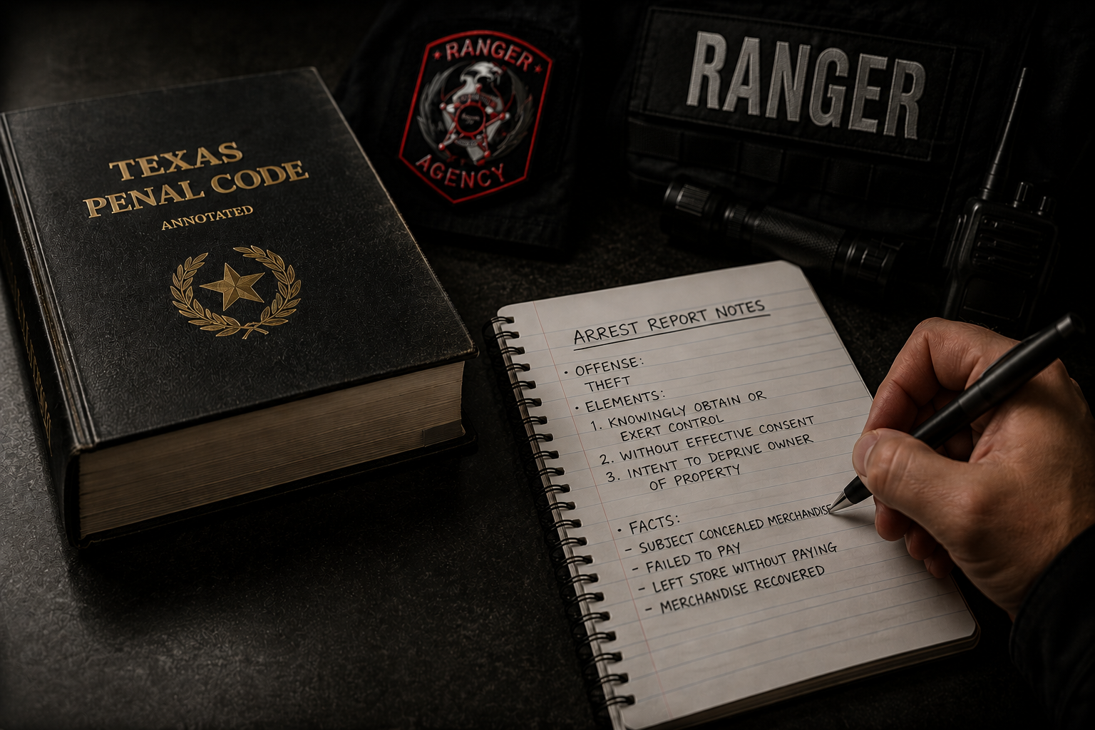 Texas Penal Code reference book and handwritten incident documentation with Ranger security equipment