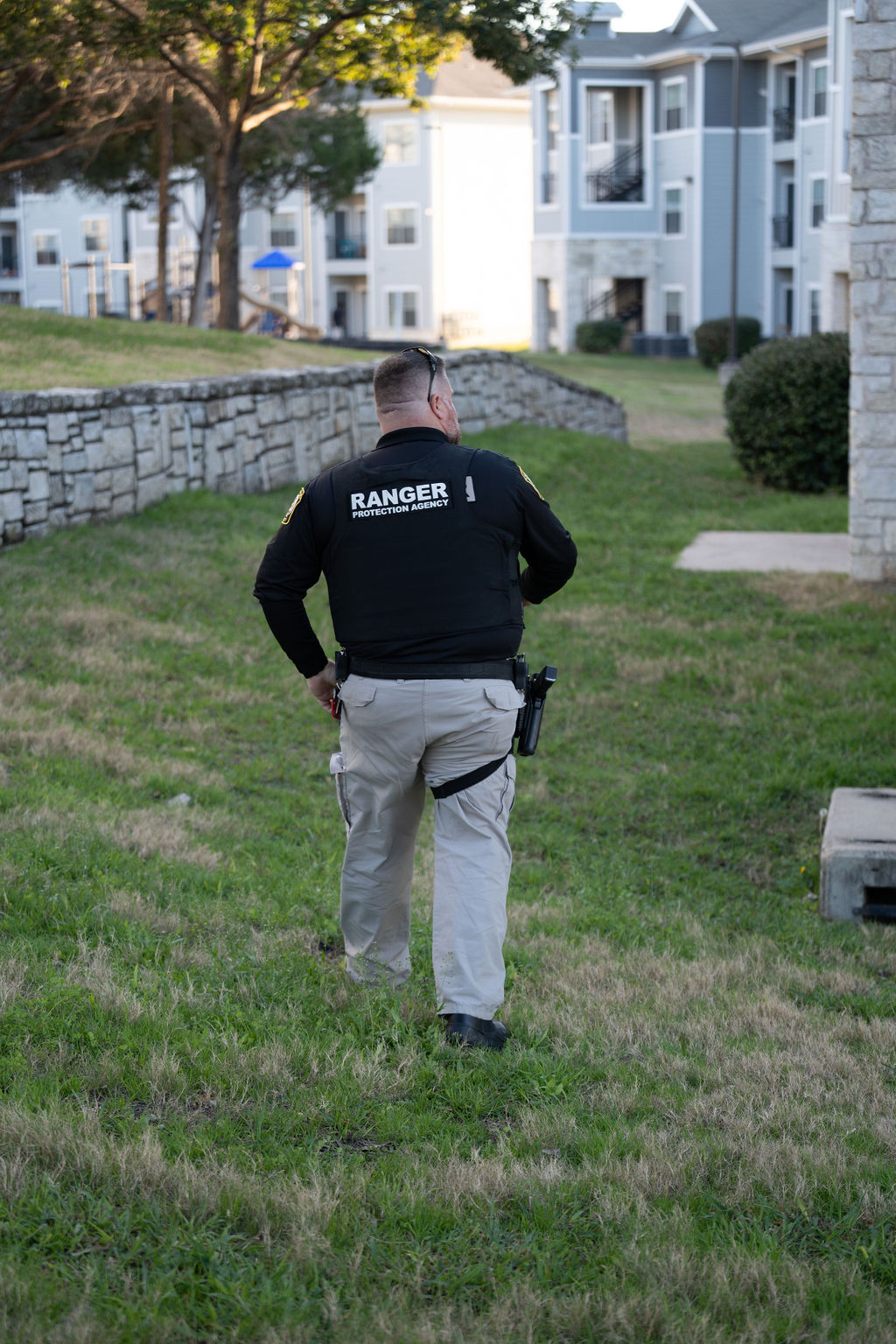 Ranger Protection Agency officer patrolling the grounds of an apartment community in the Austin area